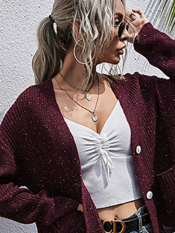 New style lazy style knitted forest style solid color dot long - sleeved sweater jacket - Outerwear